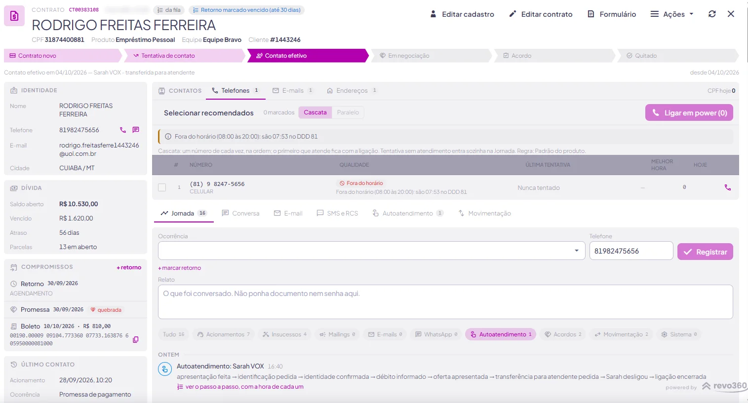 Tela do revo360: a ficha do contrato no Collection Omni Studio, com o trilho do contrato, a identidade e a dívida, os compromissos, os contatos com a melhor hora e a jornada do cliente