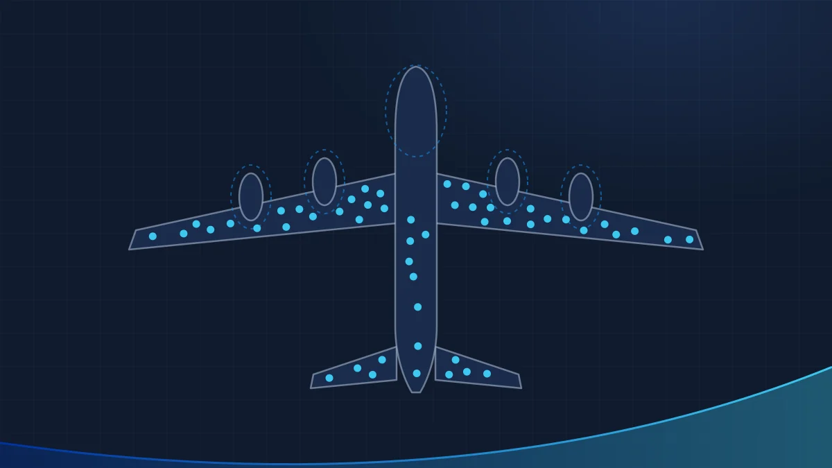 Esquema do viés de sobrevivência: avião visto de cima com os pontos de impacto nas asas, na fuselagem e na cauda, e nenhum nos motores e na cabine.