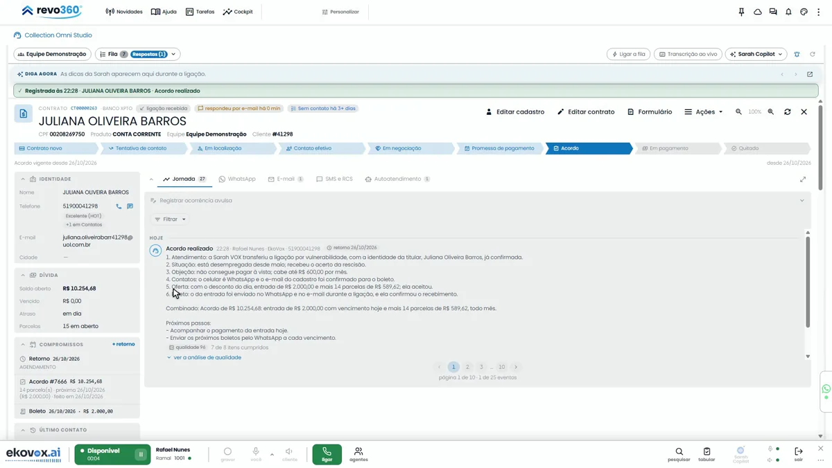 A ficha do contrato no Collection Omni Studio logo depois da ligação: a jornada com a ocorrência de acordo realizado, o retorno marcado, o acordo e o boleto nos compromissos, e a régua de fases no estágio de acordo.