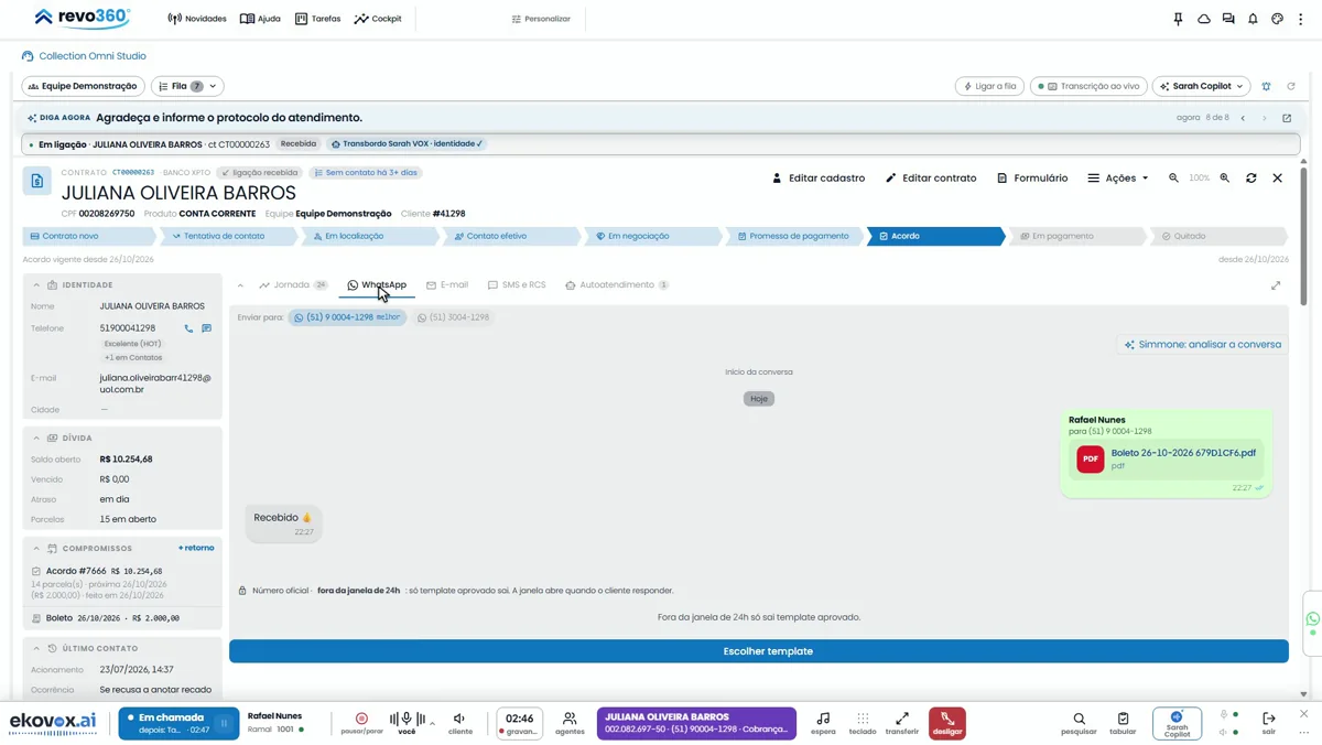O boleto do acordo enviado pelo WhatsApp dentro da ficha do contrato, com o recebimento confirmado.