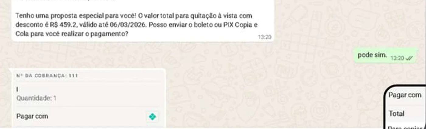 A IA-Sarah propondo quitação com desconto por WhatsApp e o cliente aceitando
