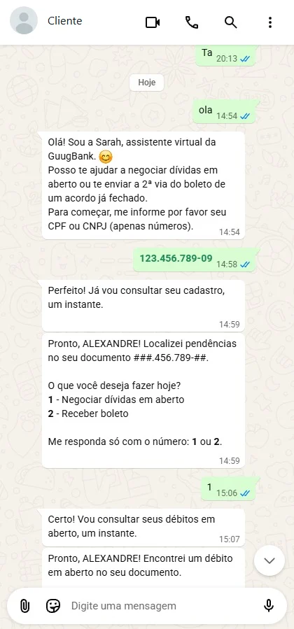 Conversa de WhatsApp: a IA-Sarah se apresenta, pede o CPF, confirma as pendências e oferece o menu de negociar ou receber boleto