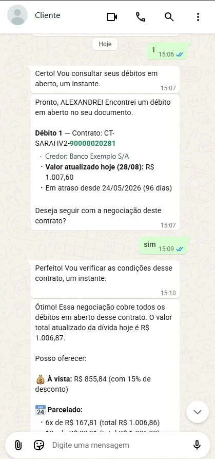 Conversa de WhatsApp: a IA-Sarah detalha o contrato, o credor, o valor atualizado no dia e os 96 dias de atraso