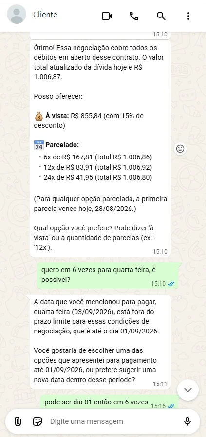 Conversa de WhatsApp: a IA-Sarah oferece quitação à vista com desconto ou parcelamento e recusa uma data fora do prazo da condição