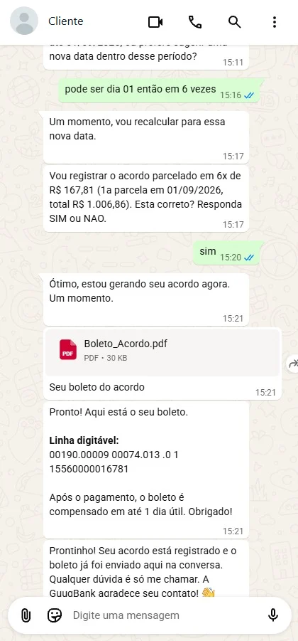 Conversa de WhatsApp: a IA-Sarah confirma o acordo parcelado, gera o acordo e envia o boleto em PDF com a linha digitável